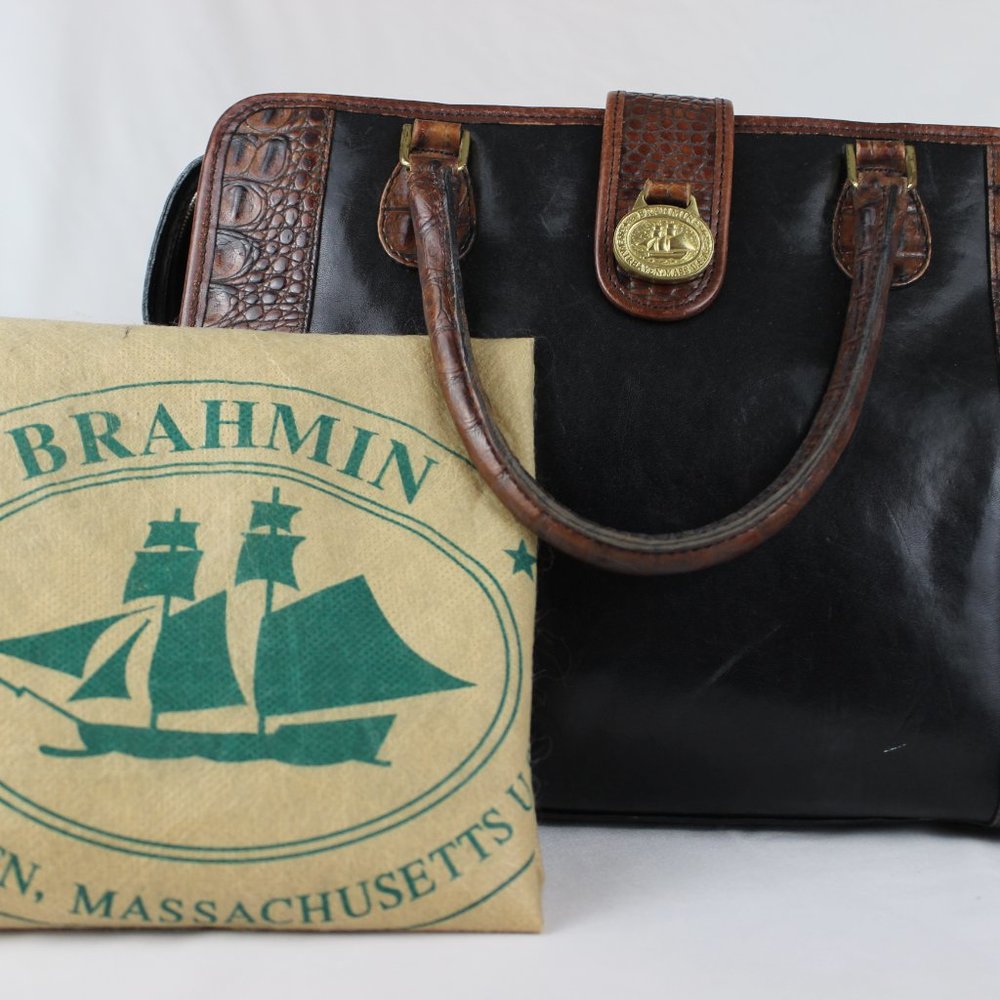 Brahmin Black Brown Croc Alligator Leather Satchel - Elegant & Timeless - Picture 2 of 6